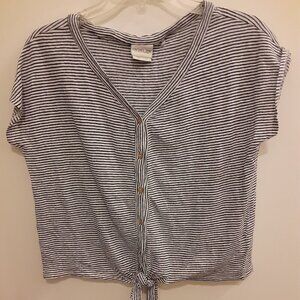 Rachel & Zoe (S) Navy Blue/ White Striped Button Down Caplet Sleeves Top V Neck